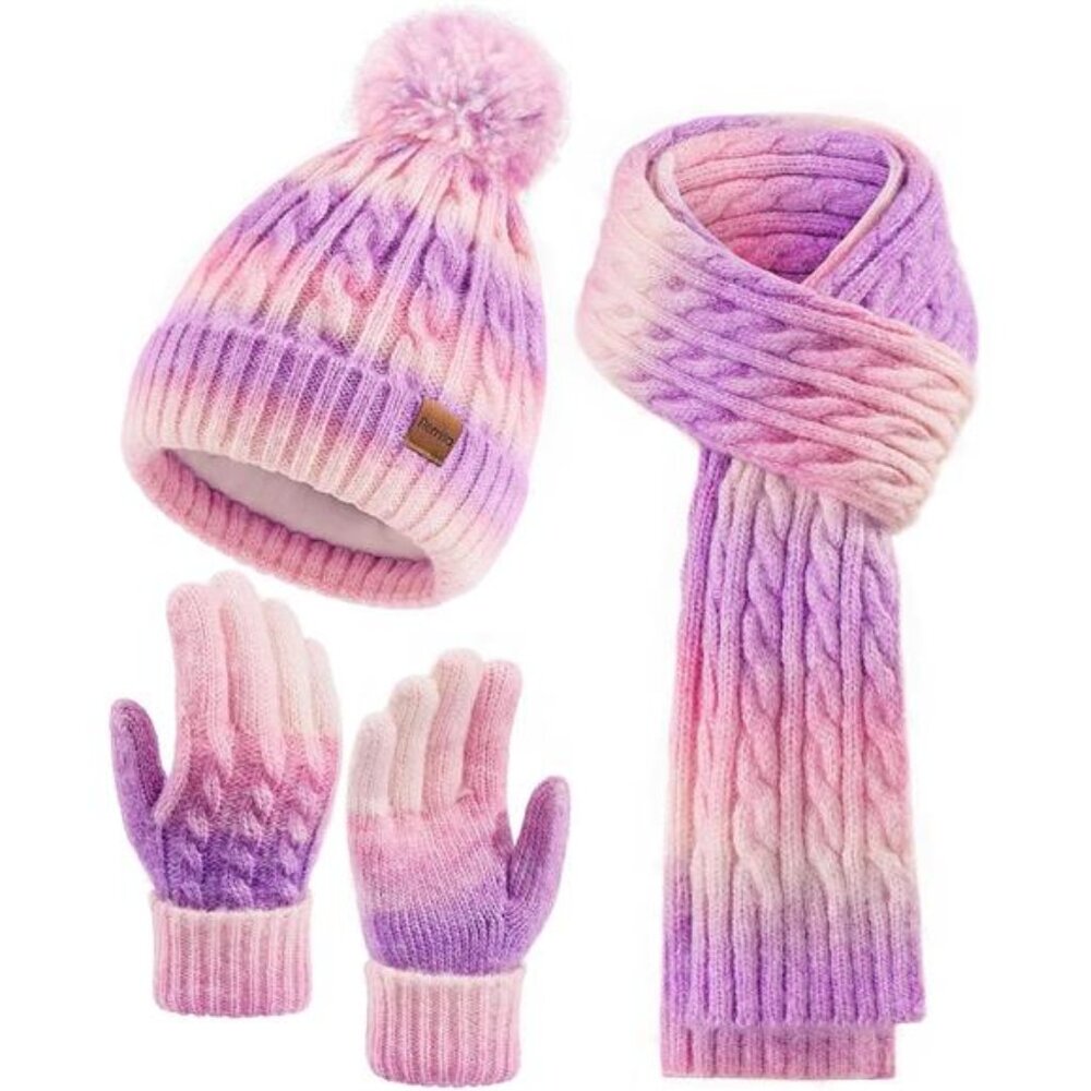 3 PCS Women's Winter Hat Scarf Gloves Set Pom Beanie Skull Cap